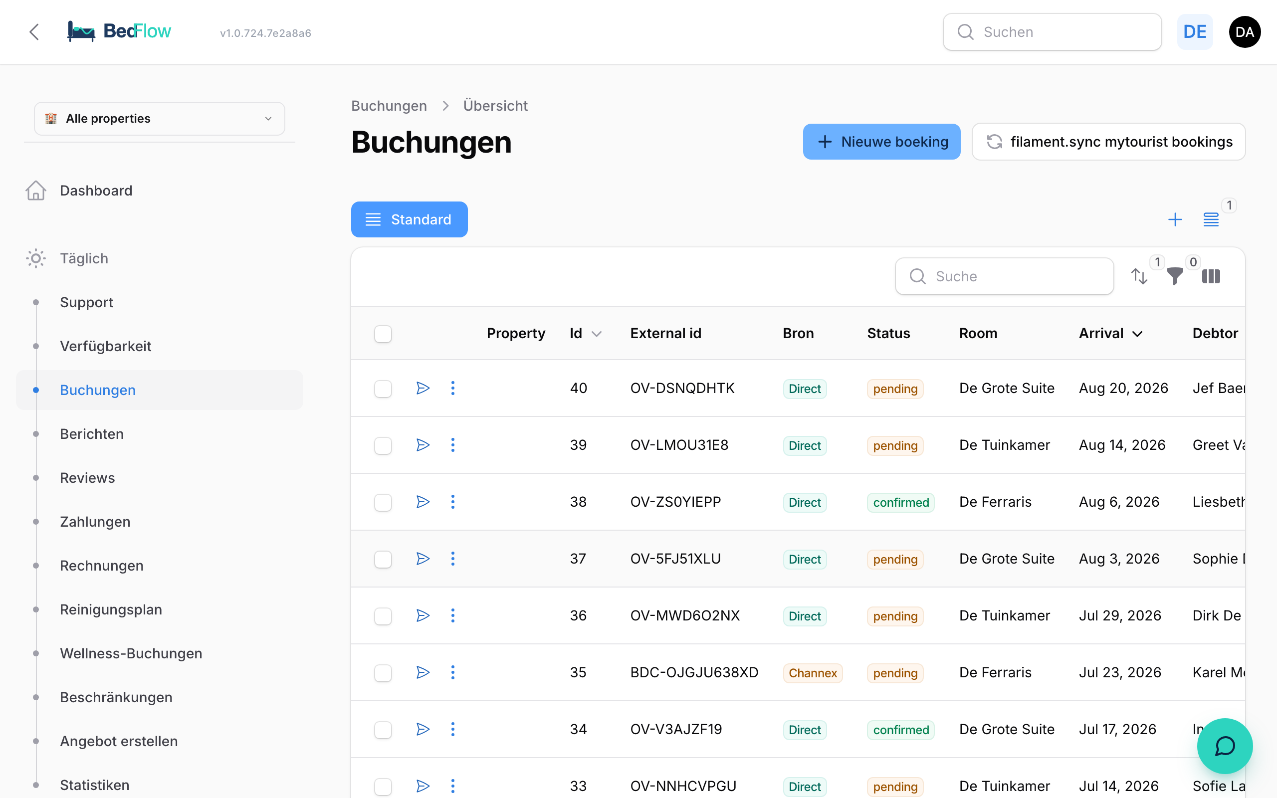 Buchungsliste mit Schnellfiltern und Suchfunktion