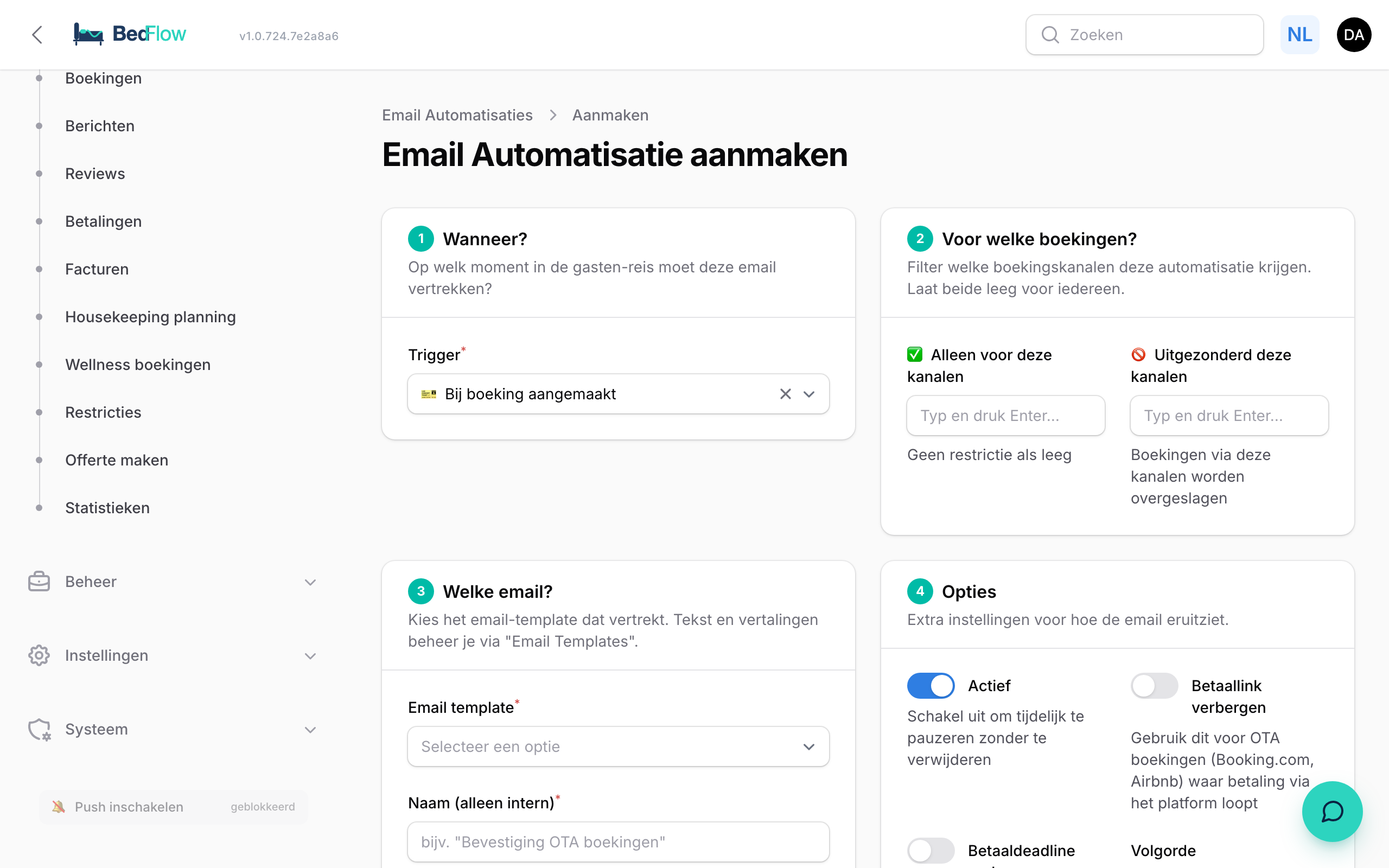Een nieuwe automatisatie aanmaken — trigger, doelgroep, template