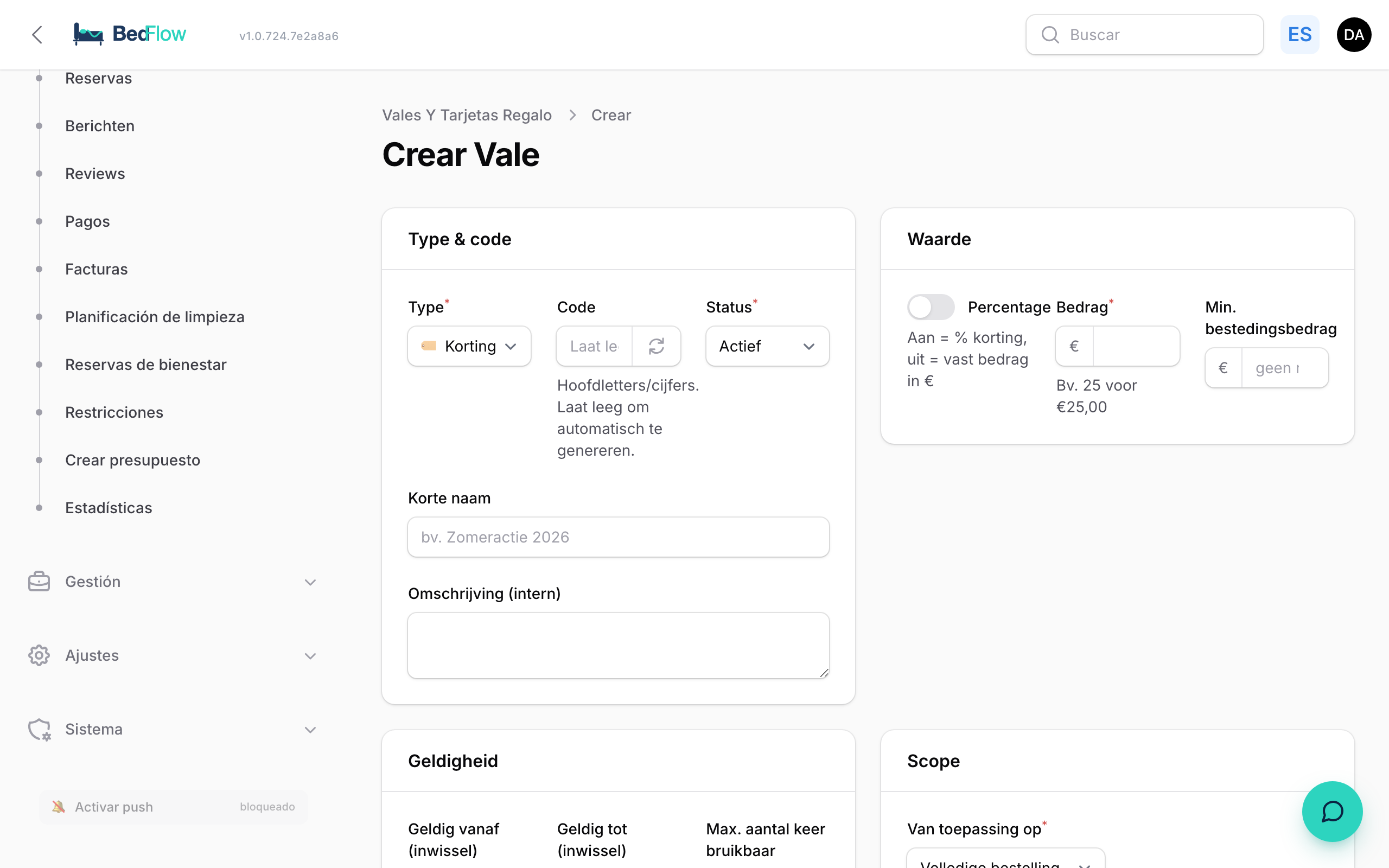 Formulario de creación de vale