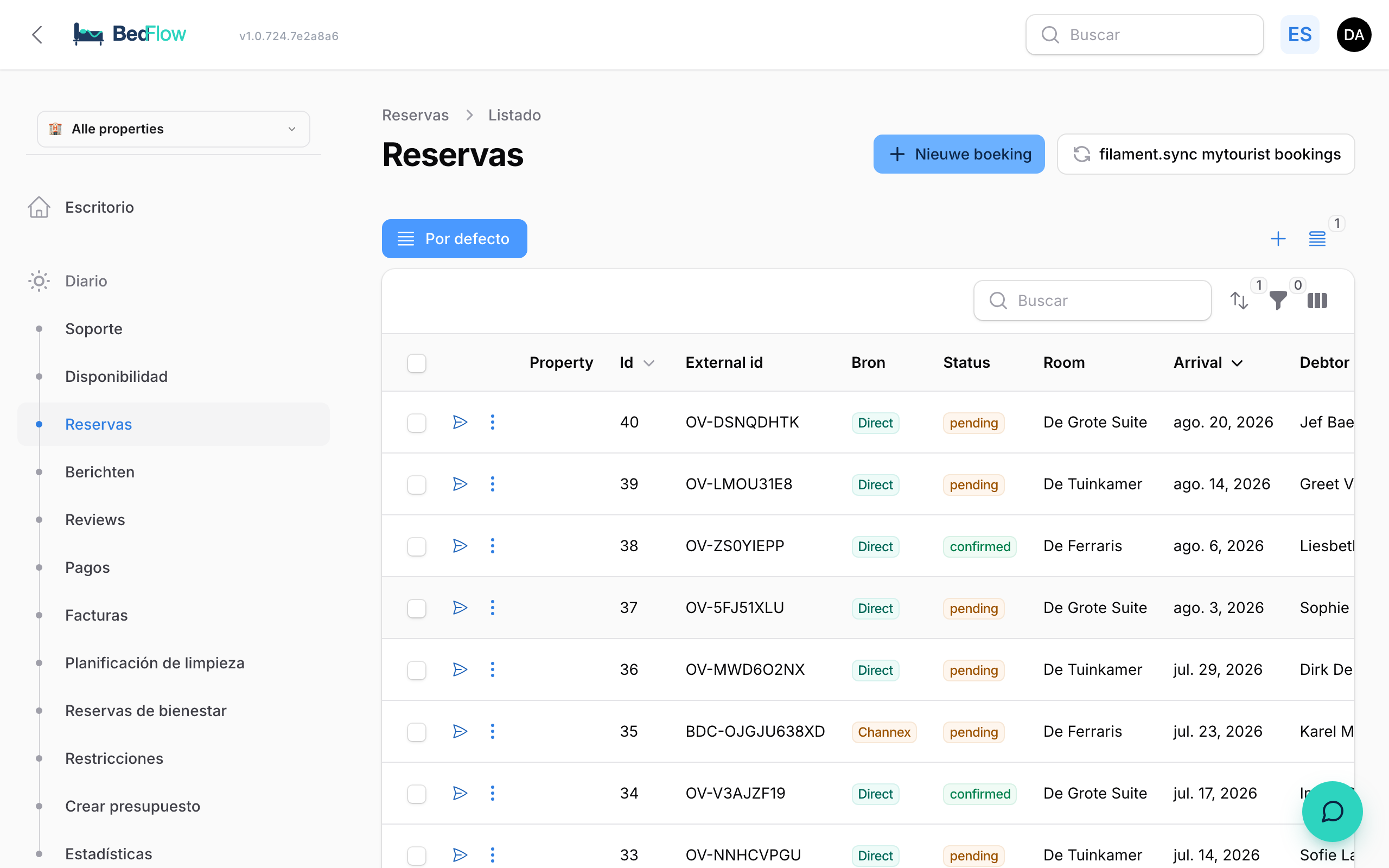 Lista de reservas con filtros rápidos y función de búsqueda
