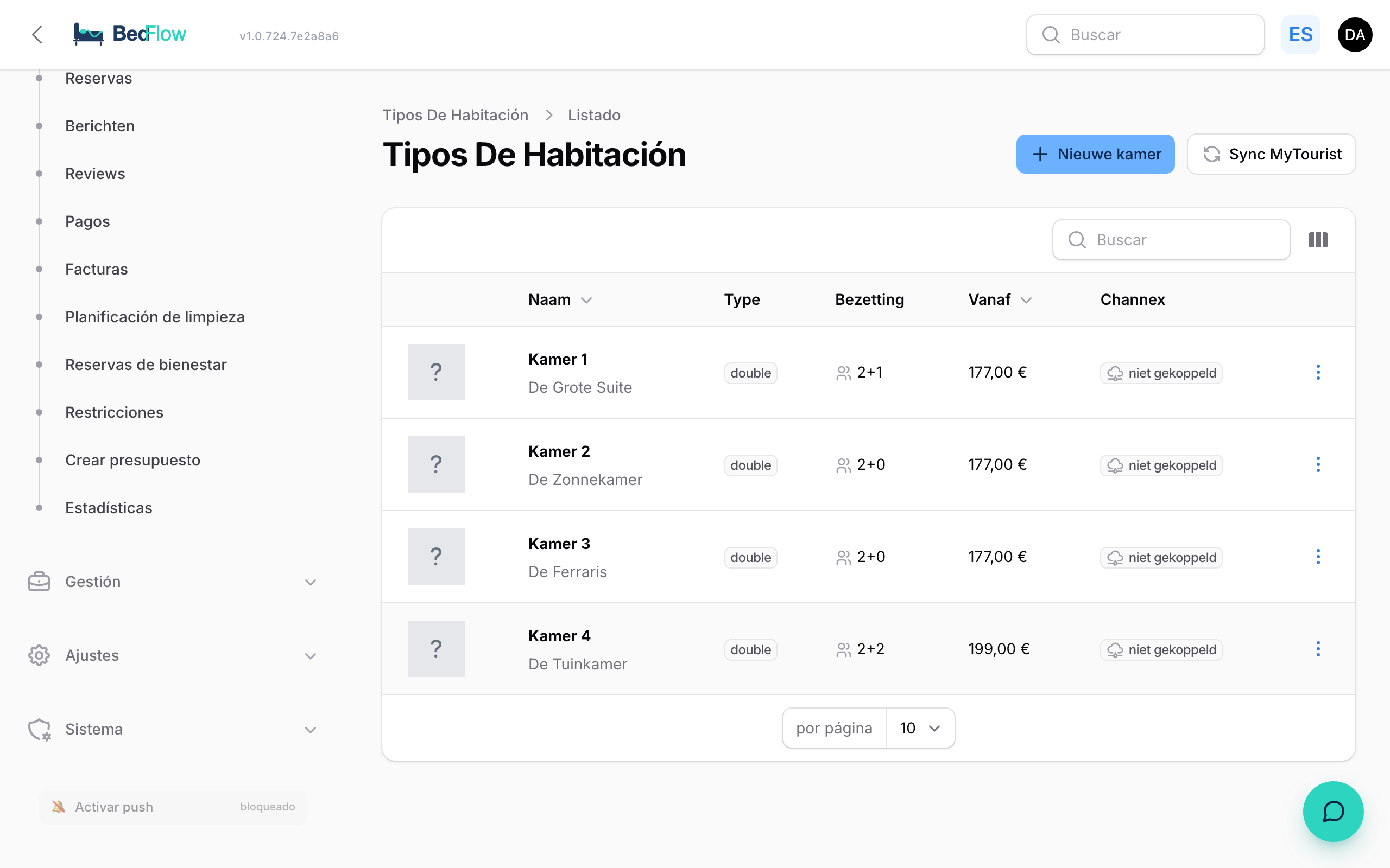 Lista de tipos de habitación en BedFlow