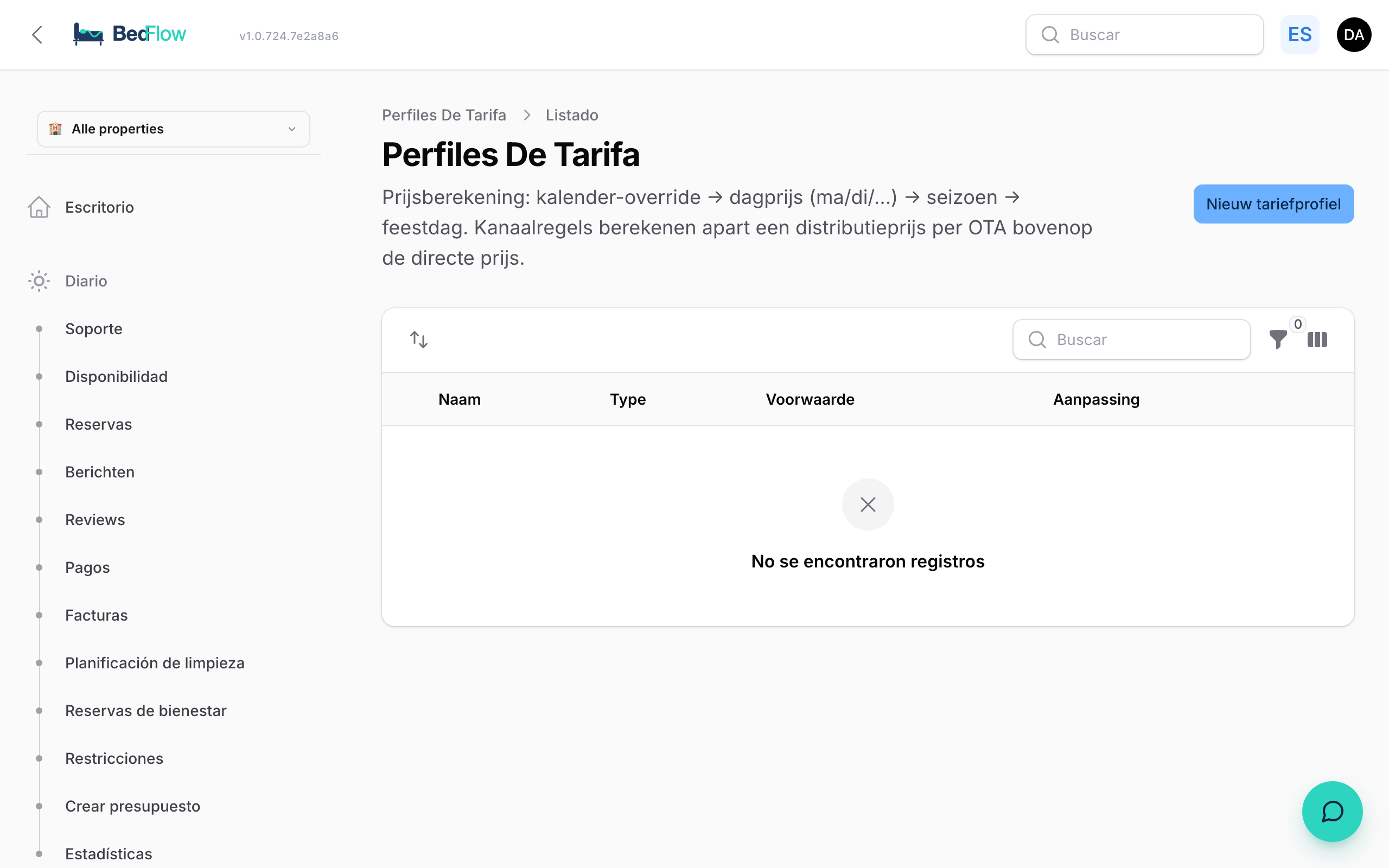 Lista de reglas tarifarias — temporadas, festivos, recargos por canal