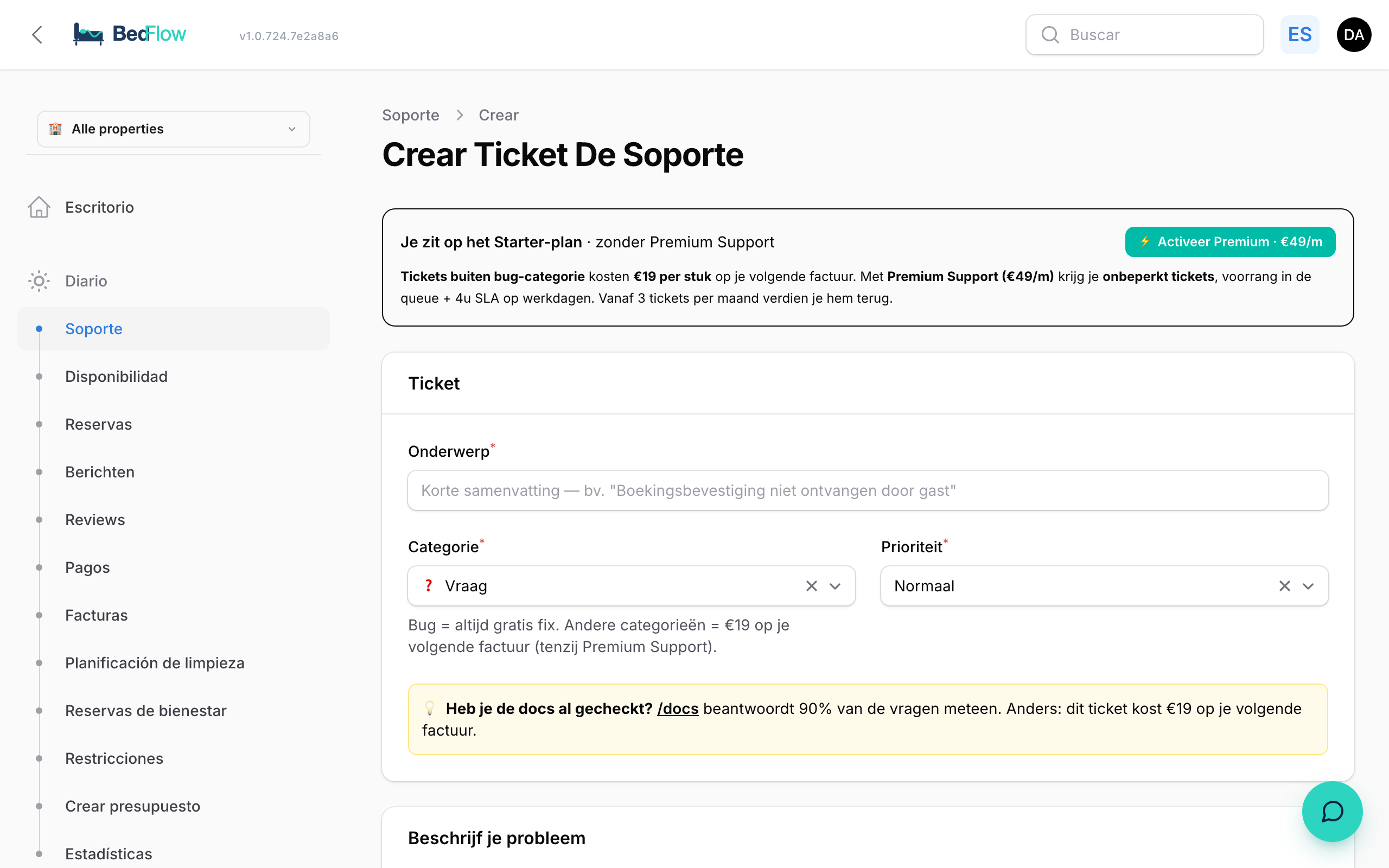 El formulario de creación de ticket