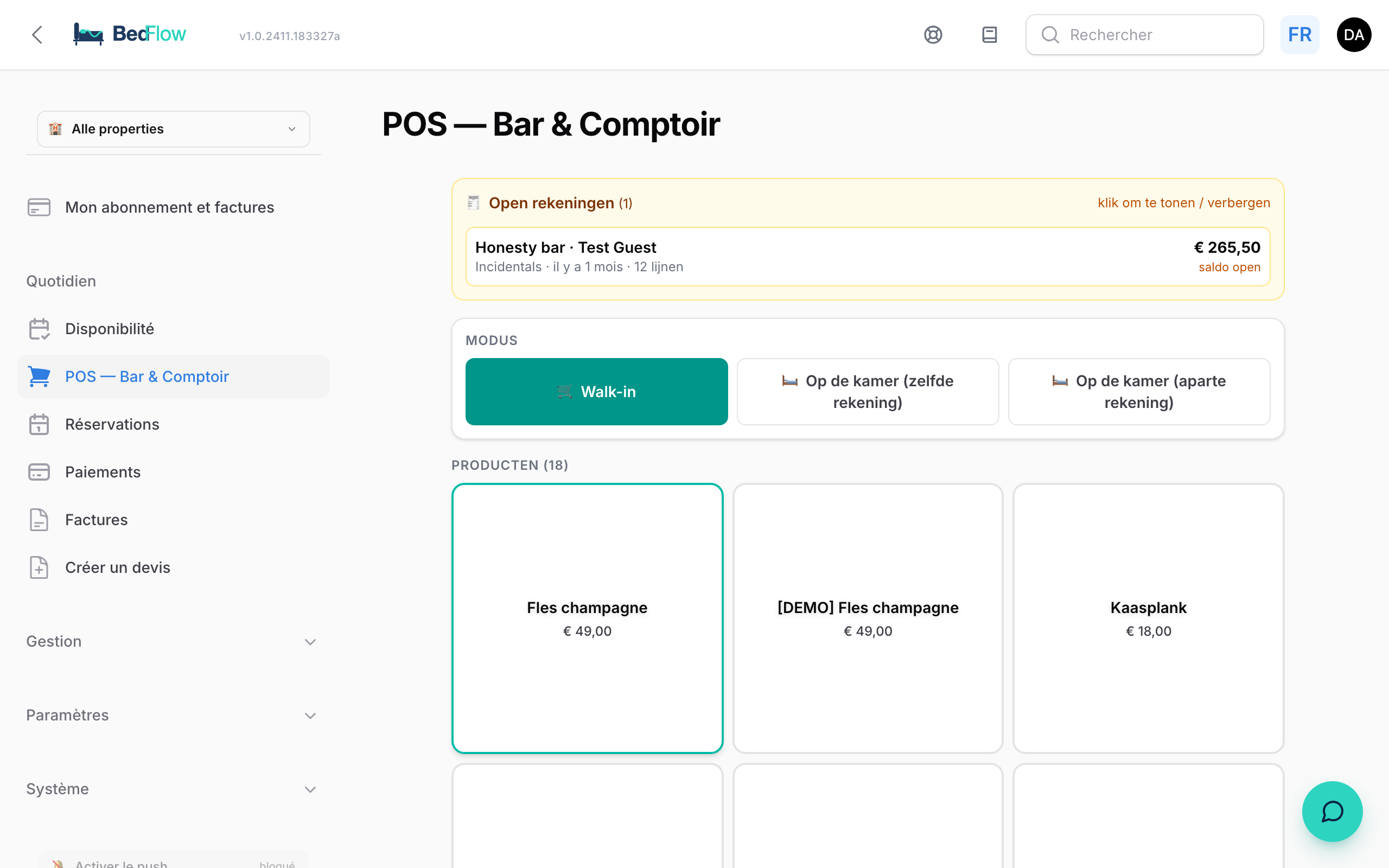La page POS avec les notes ouvertes, le choix du mode et la grille de produits