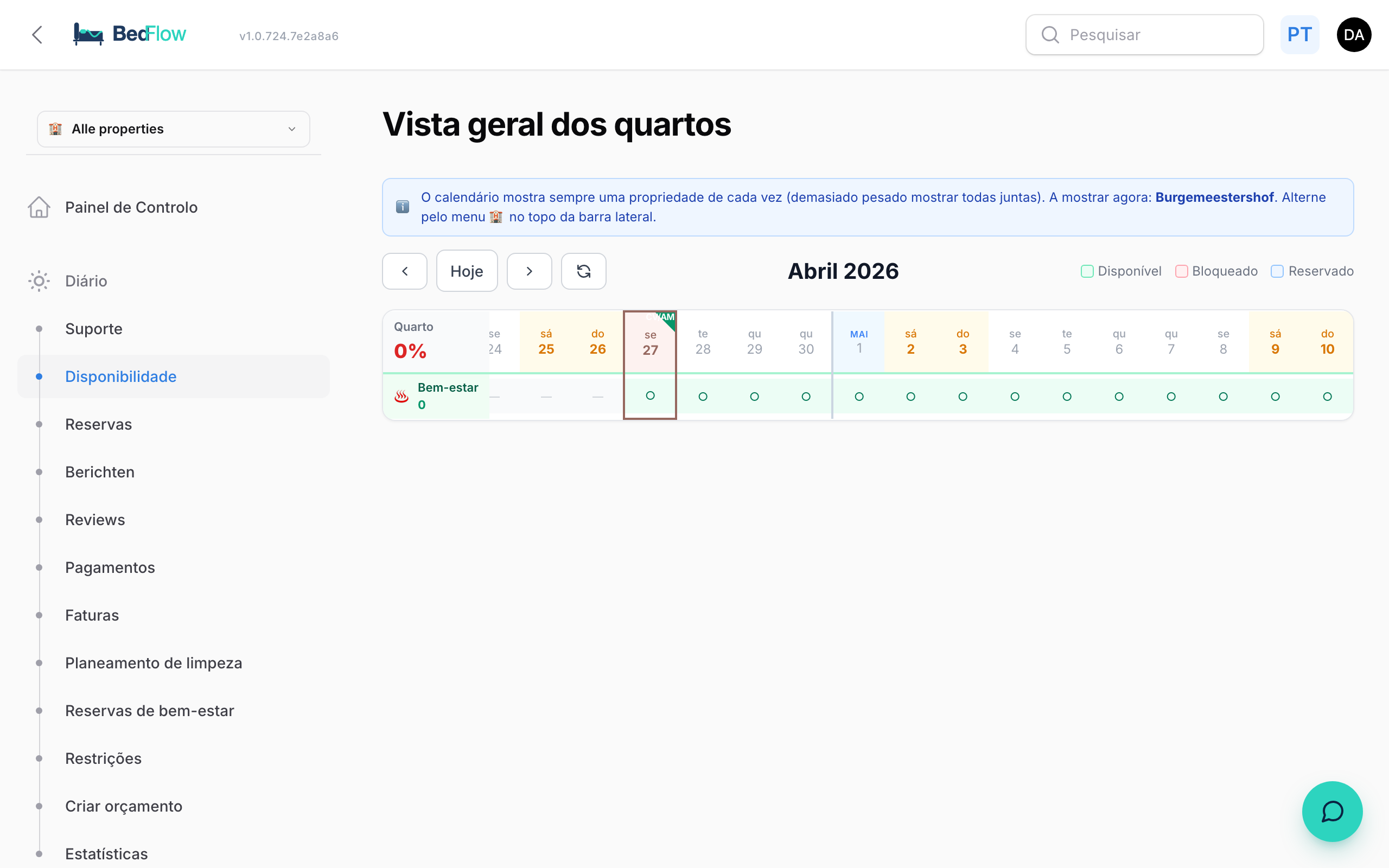 Disponibilidade de quartos — bloqueios em massa